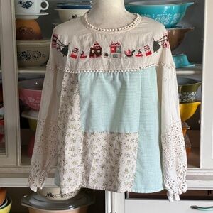 Cottagecore Vintage Inspired Patchwork Top with Embroidered Accents- Size Medium